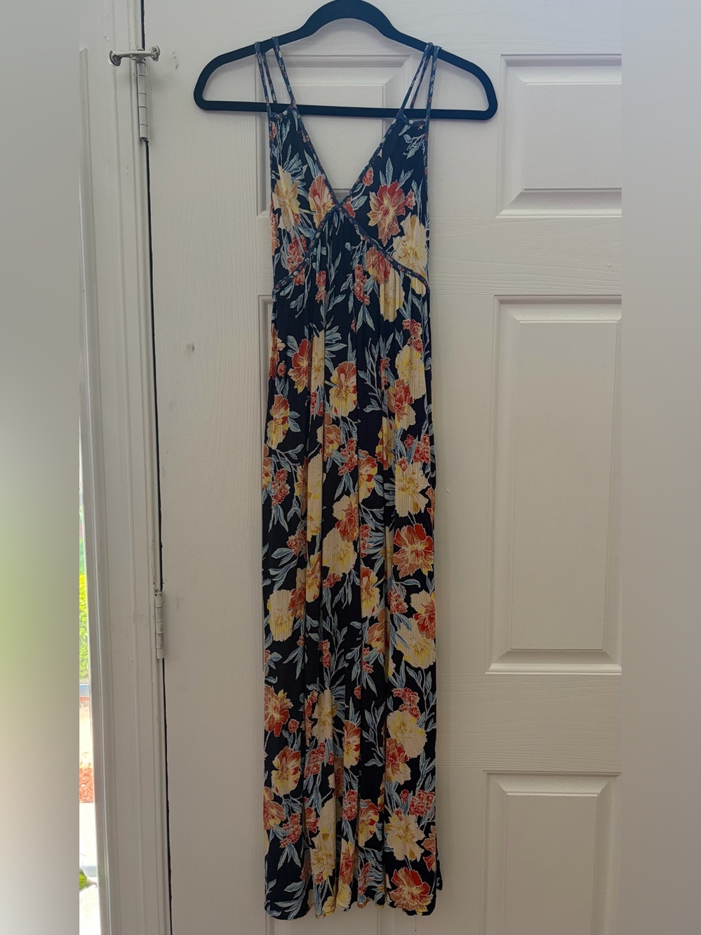 Xhilaration Navy Floral Maxi Dress with Yellow & Coral Accents